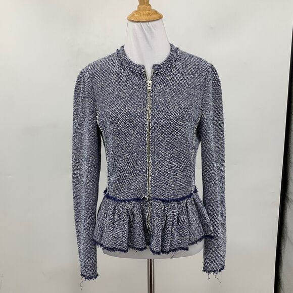 Rebecca Taylor Jacket Womens 4 Blue White Tweed Fringed Trim Full Zip Peplum - Picture 2 of 11